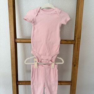 Pink Ribbed Baby Onesie and Pants Set